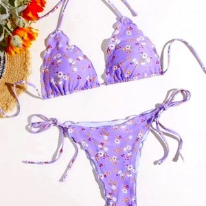Lilac Purple Ditsy💜Floral TieSide Frill Bikini Set